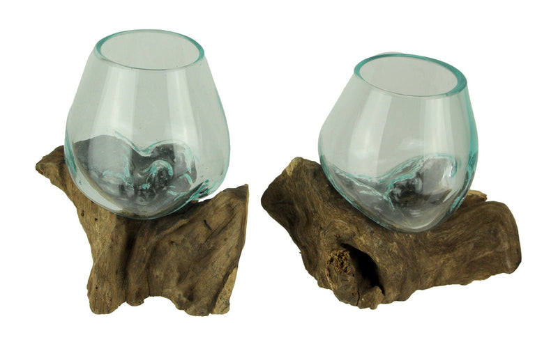 Molten Glass On Teak Driftwood Decorative Bowl Vase Terrarium Planter Set of 2 Image 1