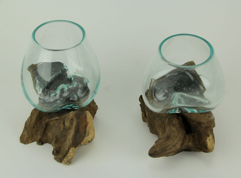 Molten Glass On Teak Driftwood Decorative Bowl Vase Terrarium Planter Set of 2 Image 2