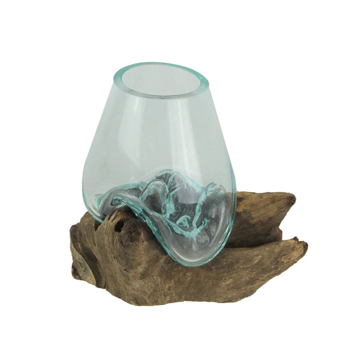 Molten Glass Sculpture on Teak Driftwood - Versatile Decorative Bowl, Vase, or Terrarium Planter for Creative Home