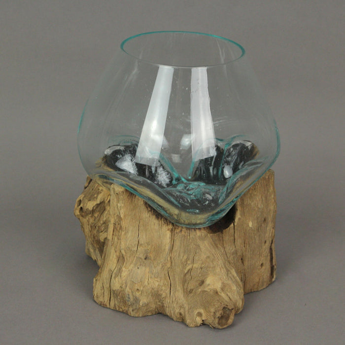 Molten Glass Sculpture on Teak Driftwood - Versatile Decorative Bowl, Vase, or Terrarium Planter for Creative Home