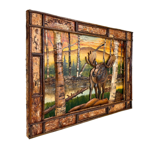 Moose in Birch Forest Wood Wall Sculpture, 28.75 x 36.5 Inch Rustic Intarsia Artwork with Textured Bark Frame, Large Woodland