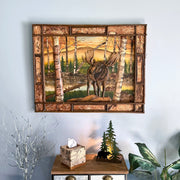 Moose in Birch Forest Wood Wall Sculpture, 28.75 x 36.5 Inch Rustic Intarsia Artwork with Textured Bark Frame, Large Woodland