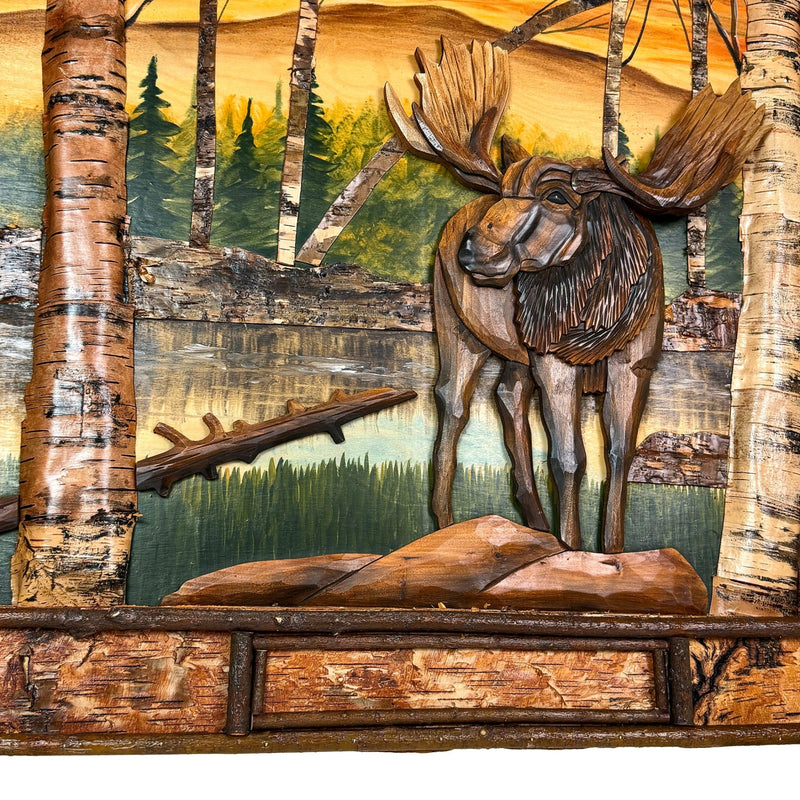 Moose in Birch Forest Wood Wall Sculpture, 28.75 x 36.5 Inch Rustic Intarsia Artwork with Textured Bark Frame, Large Woodland