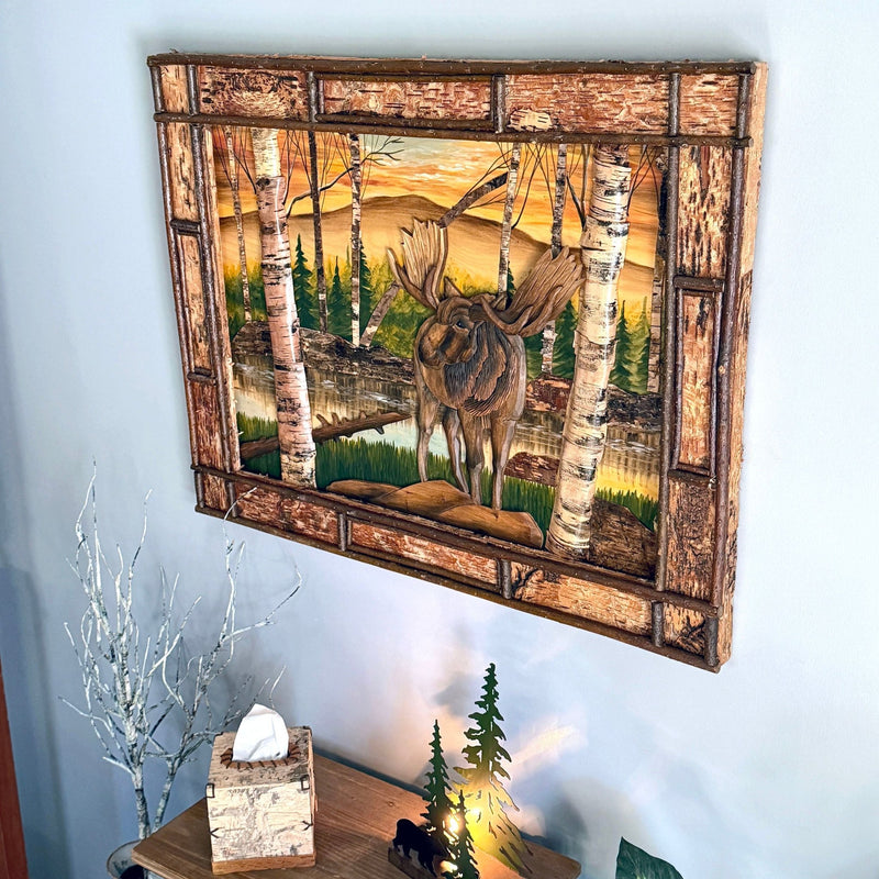 Moose in Birch Forest Wood Wall Sculpture, 28.75 x 36.5 Inch Rustic Intarsia Artwork with Textured Bark Frame, Large Woodland