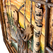 Moose in Birch Forest Wood Wall Sculpture, 28.75 x 36.5 Inch Rustic Intarsia Artwork with Textured Bark Frame, Large Woodland