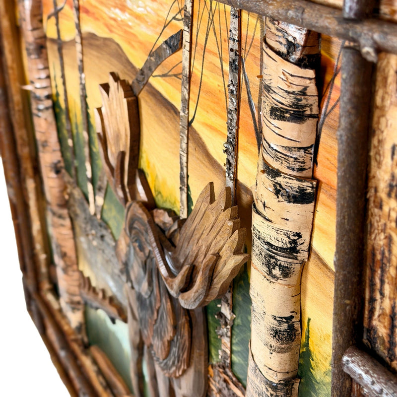 Moose in Birch Forest Wood Wall Sculpture, 28.75 x 36.5 Inch Rustic Intarsia Artwork with Textured Bark Frame, Large Woodland