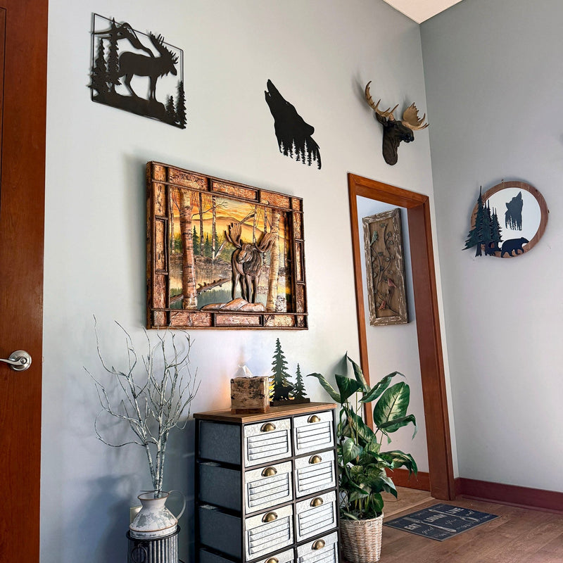 Moose in Birch Forest Wood Wall Sculpture, 28.75 x 36.5 Inch Rustic Intarsia Artwork with Textured Bark Frame, Large Woodland