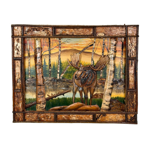 Moose in Birch Forest Wood Wall Sculpture, 28.75 x 36.5 Inch Rustic Intarsia Artwork with Textured Bark Frame, Large Woodland