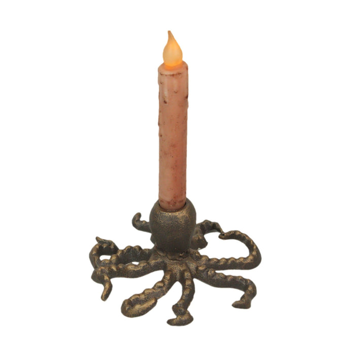 Octopus Taper Candle Holder – Cast Iron with Antique Gold Finish – 6" Diameter, 3" High – Coastal Decor with Spread Tentacle