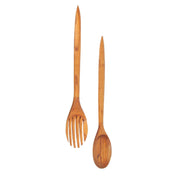 Oversized Hand-Carved Wooden Fork and Spoon Wall Decor Set - Rustic Minimalist Art with Stained Natural Wood Finish - 35.5"