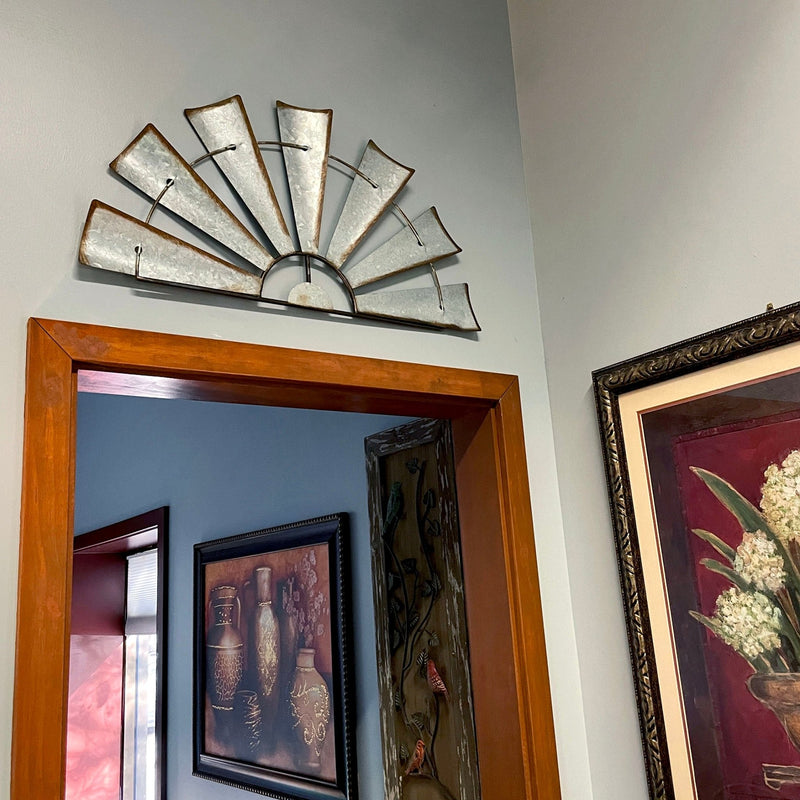 Medium - Image 4 - Set of 2 Galvanized Grey Metal Half-Windmill Wall Sculptures: Rustic Country Farmhouse Home Decor with