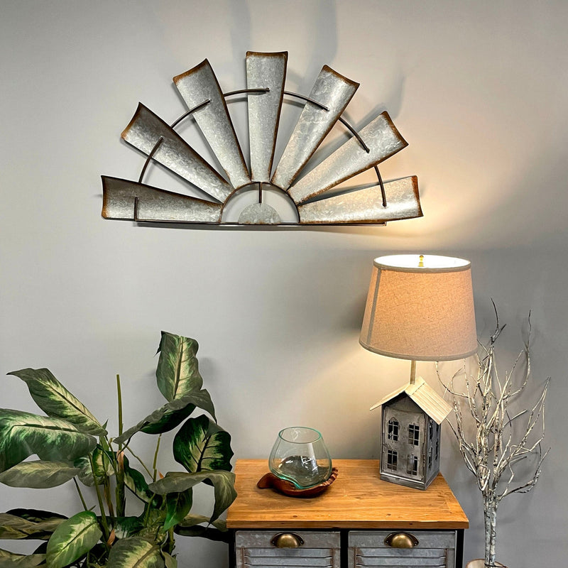 Large - Image 5 - Set of 2 Galvanized Metal Half-Windmill Wall Sculptures - Large Rustic Country Farmhouse Art Decorations -