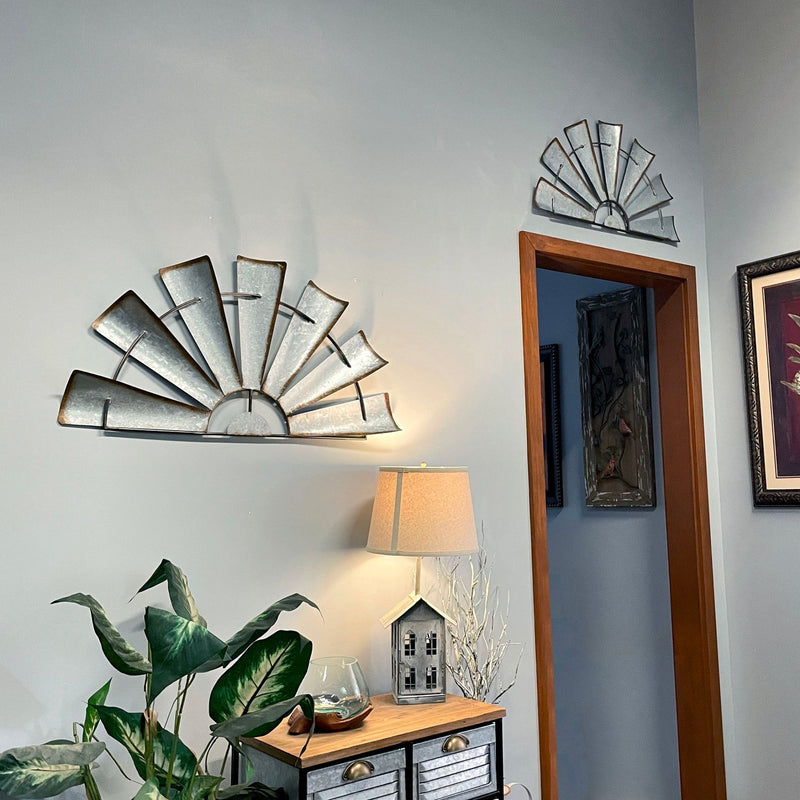 Medium - Image 5 - Set of 2 Galvanized Grey Metal Half-Windmill Wall Sculptures: Rustic Country Farmhouse Home Decor with