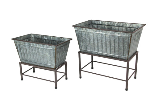 Set of 2 Galvanized Grey Zinc Finish Metal Tub Planters on Stands - Perfect for Western Themes - Large: 20 Inches, Small: 17