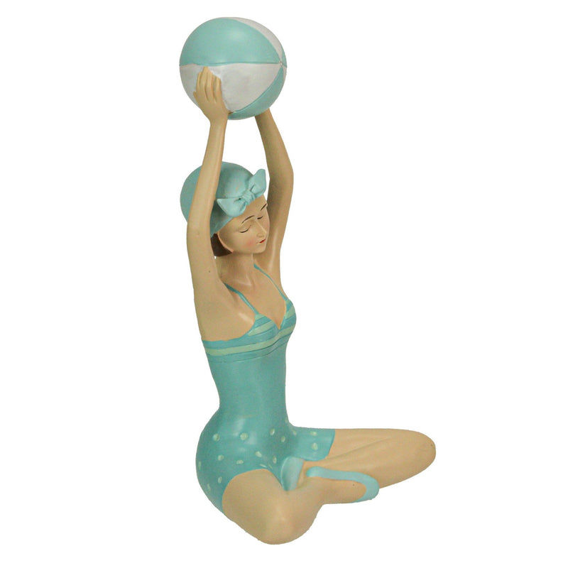 Retro Bathing Beauty Beach Girl With Ball Sage Green Polka Dot Swimsuit Figurine Image 2