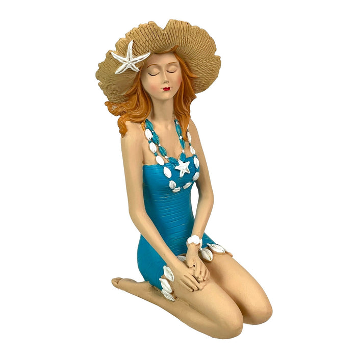 Blue - Sitting Hat - Image 1 - Sitting Beauty Beach Girl Figurine, Aegean Blue Swimsuit with Straw Sun Hat, Hand Painted