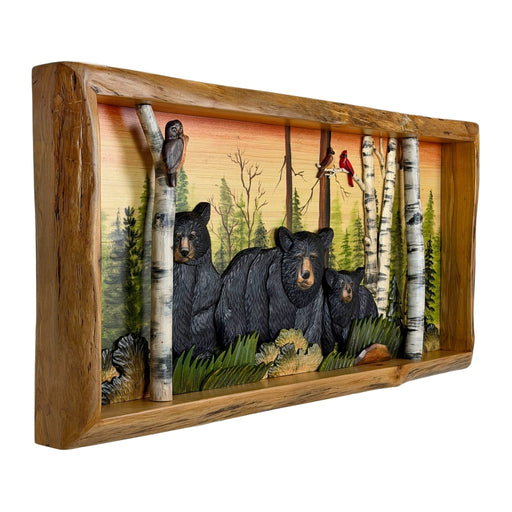 Rustic Bear Family in Woods Wood Wall Sculpture, 35.5 x 18 Inch Intarsia Shadow Box Forest Scene with Live Edge Frame, Brown