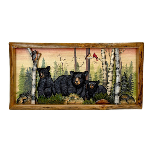 Rustic Bear Family in Woods Wood Wall Sculpture, 35.5 x 18 Inch Intarsia Shadow Box Forest Scene with Live Edge Frame, Brown