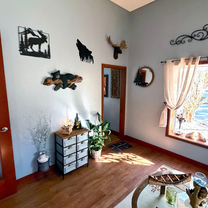 Rustic Bear on Branch Wood Wall Sculpture, 31 x 14.75 Inch Intarsia Bear Art with Glossy Brown and Black Finish, Handcrafted