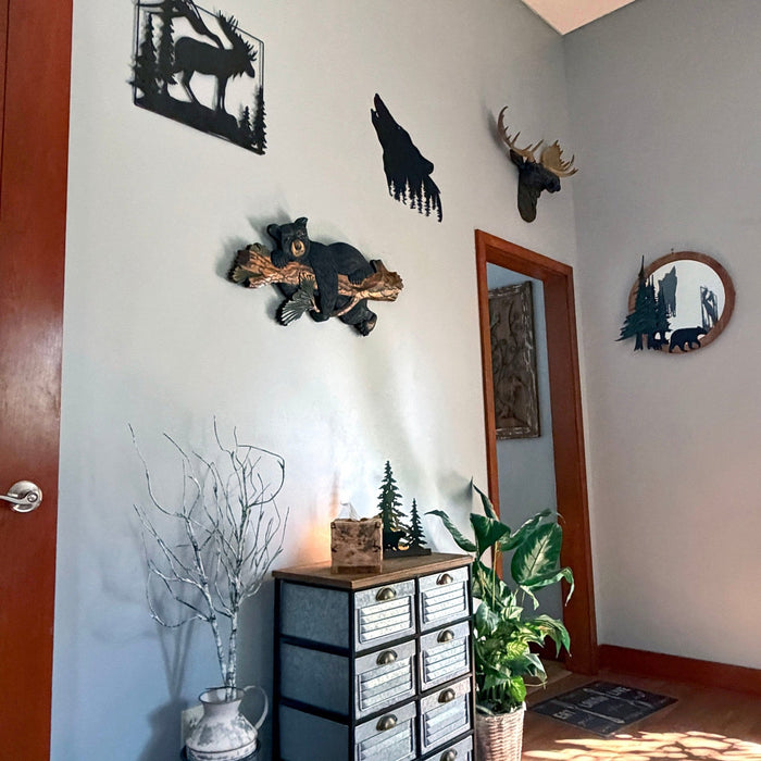 Rustic Bear on Branch Wood Wall Sculpture, 31 x 14.75 Inch Intarsia Bear Art with Glossy Brown and Black Finish, Handcrafted