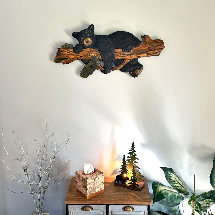 Rustic Bear on Branch Wood Wall Sculpture, 31 x 14.75 Inch Intarsia Bear Art with Glossy Brown and Black Finish, Handcrafted