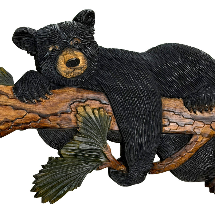 Rustic Bear on Branch Wood Wall Sculpture, 31 x 14.75 Inch Intarsia Bear Art with Glossy Brown and Black Finish, Handcrafted