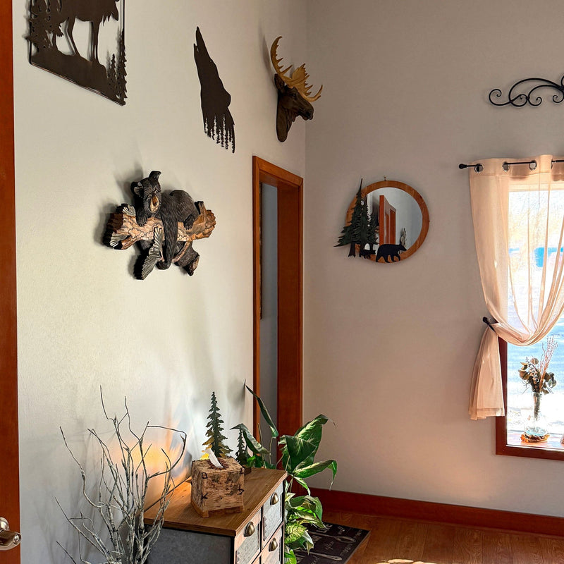 Rustic Bear on Branch Wood Wall Sculpture, 31 x 14.75 Inch Intarsia Bear Art with Glossy Brown and Black Finish, Handcrafted