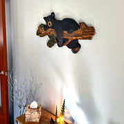 Rustic Bear on Branch Wood Wall Sculpture, 31 x 14.75 Inch Intarsia Bear Art with Glossy Brown and Black Finish, Handcrafted
