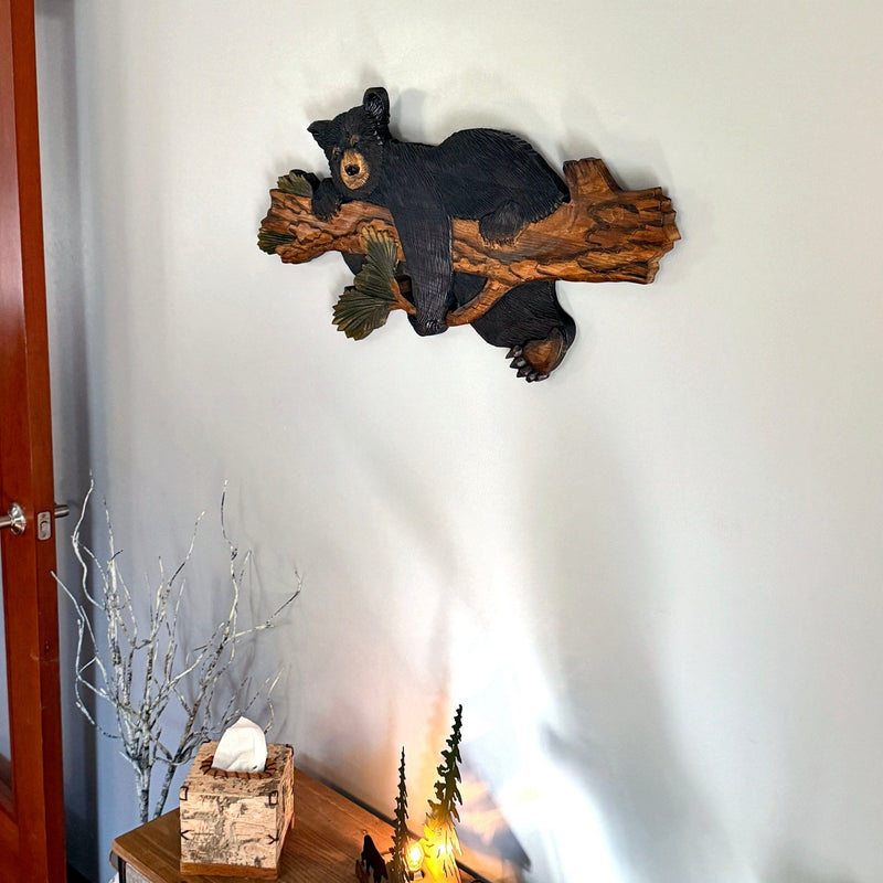Rustic Bear on Branch Wood Wall Sculpture, 31 x 14.75 Inch Intarsia Bear Art with Glossy Brown and Black Finish, Handcrafted