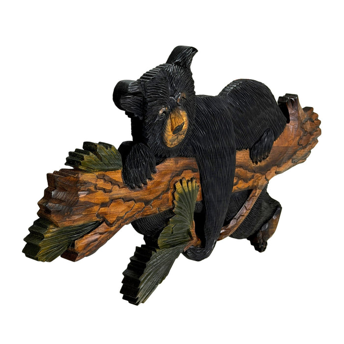Rustic Bear on Branch Wood Wall Sculpture, 31 x 14.75 Inch Intarsia Bear Art with Glossy Brown and Black Finish, Handcrafted