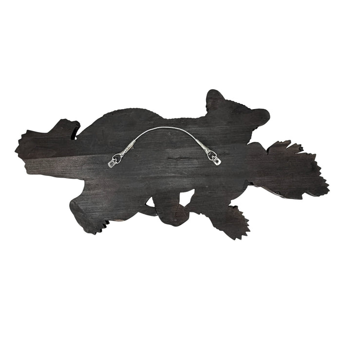 Rustic Bear on Branch Wood Wall Sculpture, 31 x 14.75 Inch Intarsia Bear Art with Glossy Brown and Black Finish, Handcrafted