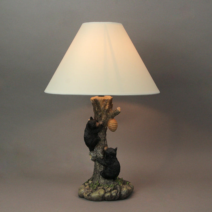 Rustic Black Bear Cubs Climbing Tree For Honey Table Lamp Beige Fabric Shade Image 2