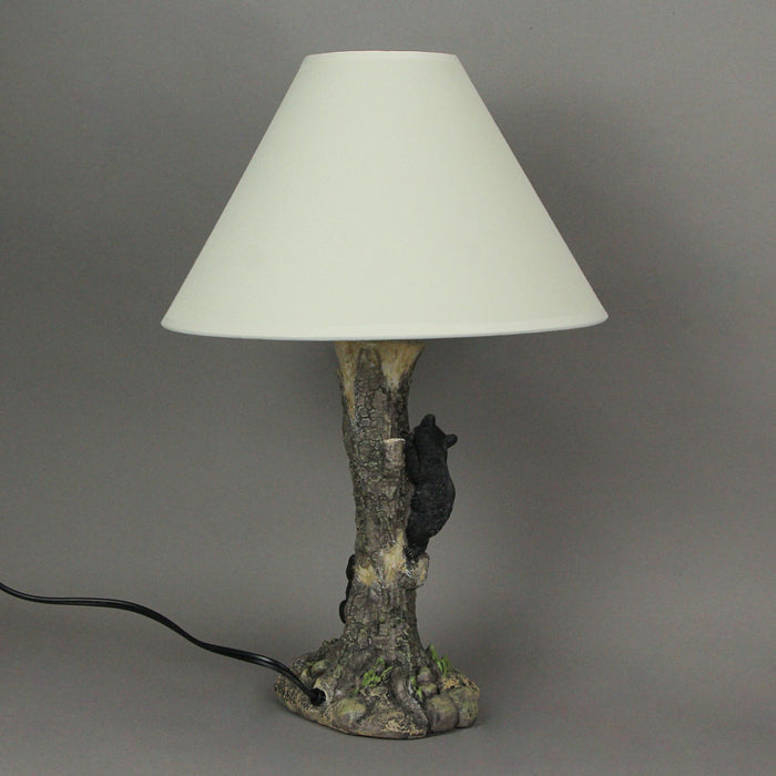 Rustic Black Bear Cubs Climbing Tree For Honey Table Lamp Beige Fabric Shade Image 3