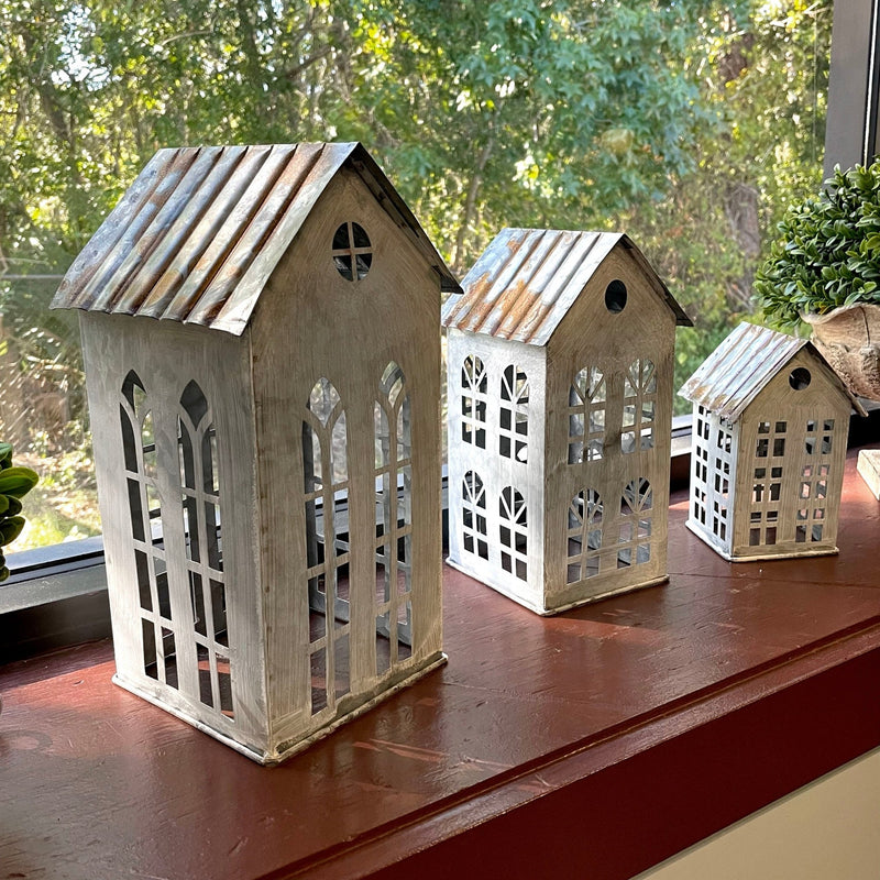 Rustic Charm Set of 3 Distressed Metal House Lanterns: Perfectly Imperfect Finish for Unique Decor Enthusiasts Image 5