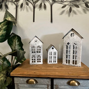 Rustic Charm Set of 3 Distressed Metal House Lanterns: Perfectly Imperfect Finish for Unique Decor Enthusiasts Image 6
