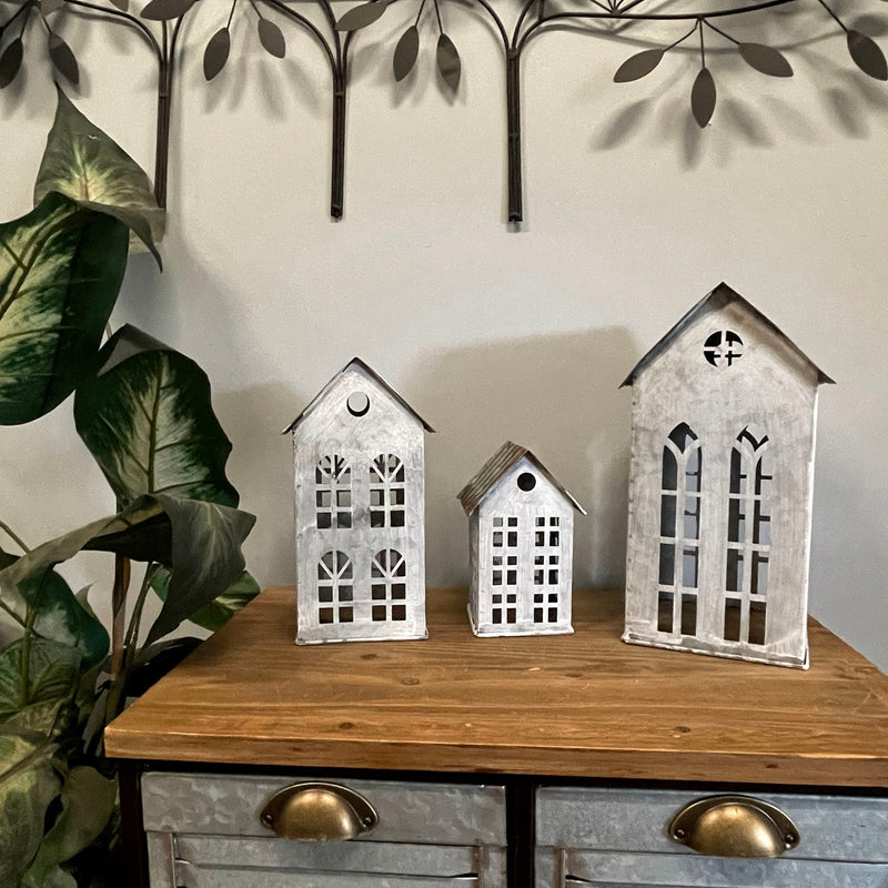 Rustic Charm Set of 3 Distressed Metal House Lanterns: Perfectly Imperfect Finish for Unique Decor Enthusiasts Image 6
