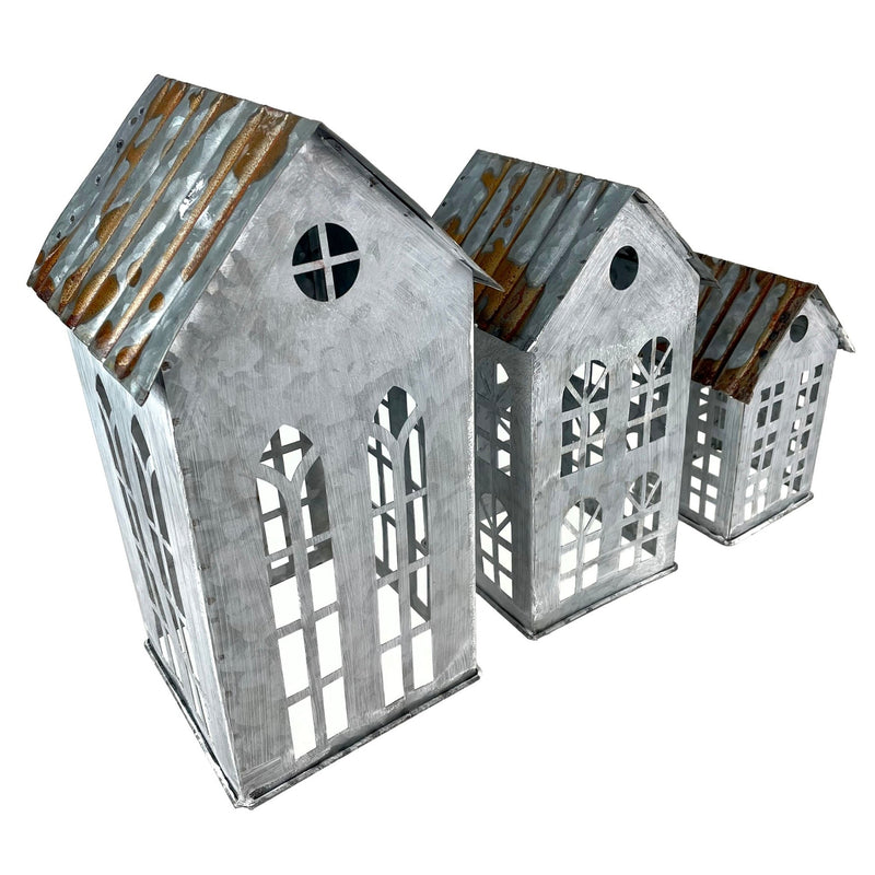 Rustic Charm Set of 3 Distressed Metal House Lanterns: Perfectly Imperfect Finish for Unique Decor Enthusiasts Image 2