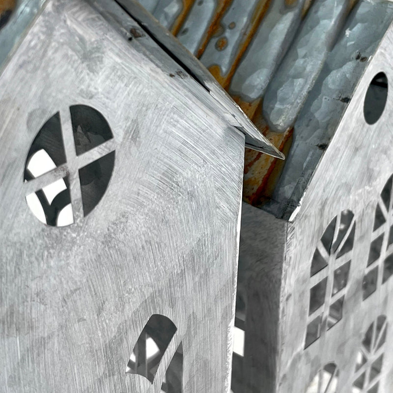 Rustic Charm Set of 3 Distressed Metal House Lanterns: Perfectly Imperfect Finish for Unique Decor Enthusiasts Image 3