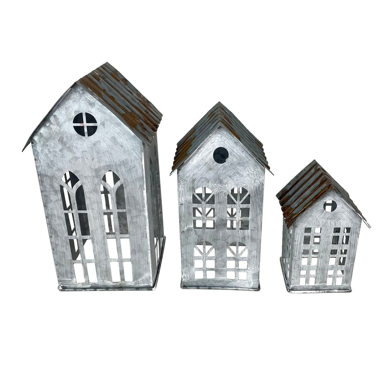 Rustic Charm Set of 3 Distressed Metal House Lanterns: Perfectly Imperfect Finish for Unique Decor Enthusiasts Image 1
