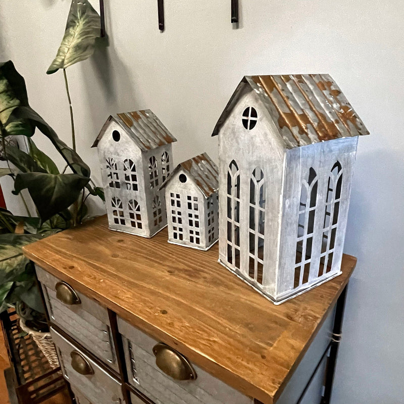 Rustic Charm Set of 3 Distressed Metal House Lanterns: Perfectly Imperfect Finish for Unique Decor Enthusiasts Image 4