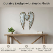 Rustic Galvanized Grey Stamped Metal Angel Wings and Heart Wall Sculpture - Artistic Hanging Decor for Bathrooms, Bedrooms