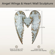 Rustic Galvanized Grey Stamped Metal Angel Wings and Heart Wall Sculpture - Artistic Hanging Decor for Bathrooms, Bedrooms