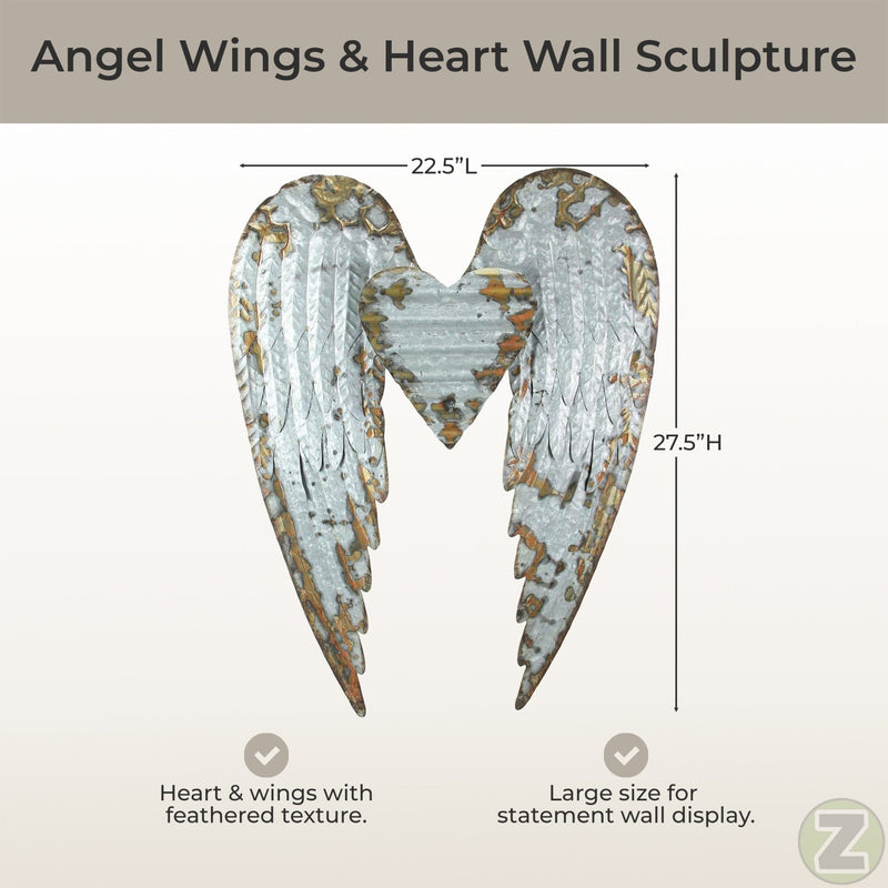 Rustic Galvanized Grey Stamped Metal Angel Wings and Heart Wall Sculpture - Artistic Hanging Decor for Bathrooms, Bedrooms