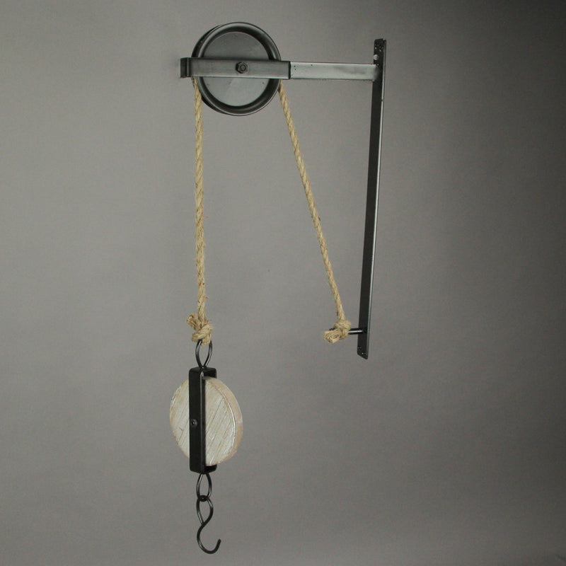 1 - Image 4 - Rustic Vintage Charm - Matte Brown Metal and Wood Pulley & Hook Wall-Mounted Plant Hanger - 30 Inches High -