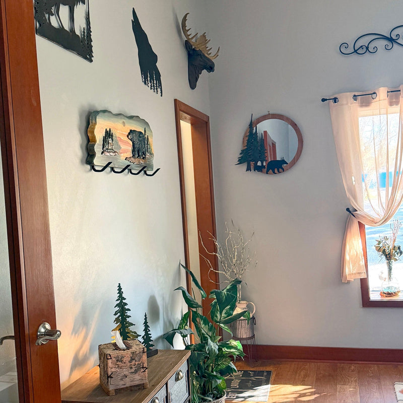 Rustic Walking Bear Cabin Wood Wall Coat Rack, 12.5 x 39.5 Inch Intarsia Wall Sculpture with 4 Metal Hooks, Brown Multi-Color