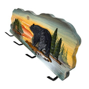 Rustic Walking Bear Cabin Wood Wall Coat Rack, 12.5 x 39.5 Inch Intarsia Wall Sculpture with 4 Metal Hooks, Brown Multi-Color