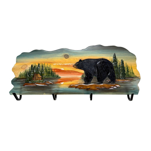 Rustic Walking Bear Cabin Wood Wall Coat Rack, 12.5 x 39.5 Inch Intarsia Wall Sculpture with 4 Metal Hooks, Brown Multi-Color