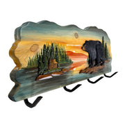 Rustic Walking Bear Cabin Wood Wall Coat Rack, 12.5 x 39.5 Inch Intarsia Wall Sculpture with 4 Metal Hooks, Brown Multi-Color