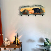 Rustic Walking Bear Cabin Wood Wall Coat Rack, 12.5 x 39.5 Inch Intarsia Wall Sculpture with 4 Metal Hooks, Brown Multi-Color
