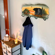 Rustic Walking Bear Cabin Wood Wall Coat Rack, 12.5 x 39.5 Inch Intarsia Wall Sculpture with 4 Metal Hooks, Brown Multi-Color